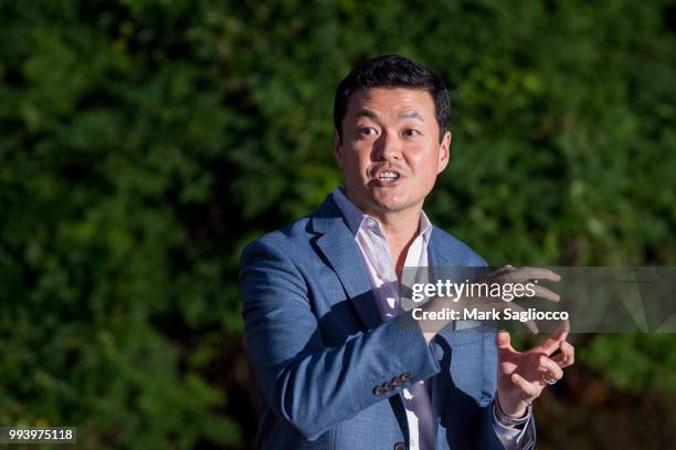 James Mun speaking at the Hamptons Magazine Cover Star Rose Byrne Celebration Presented By Lalique Along With Maddox Gallery at Southampton Social...