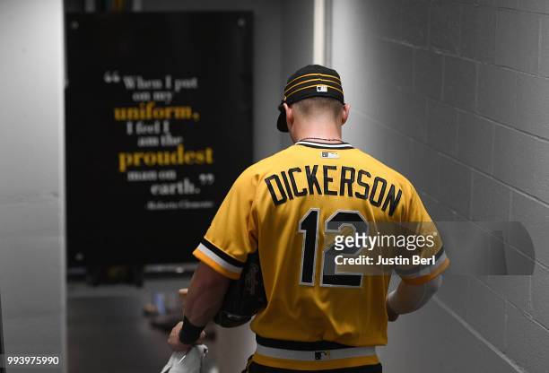 Corey Dickerson of the Pittsburgh Pirates heads to the dugout before the start of the game against the Philadelphia Phillies at PNC Park on July 8,...