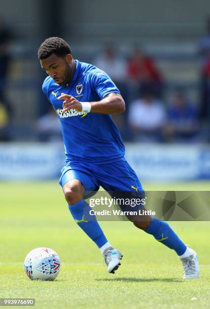 Andy Barcham of AFC Wimbledon in action during a pre-season friendly match between AFC Wimbeldon and Reading at The Cherry Red Records Stadium on...