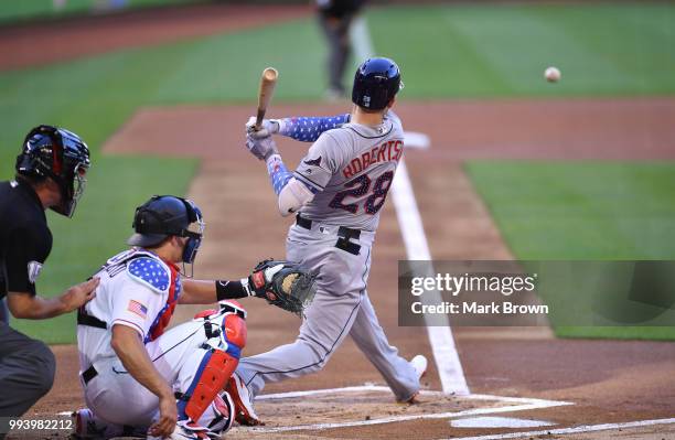 Daniel Robertson of the Tampa Bay Rays in action against the Miami Marlins at Marlins Park on July 2, 2018 in Miami, Florida.