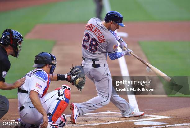 Daniel Robertson of the Tampa Bay Rays in action against the Miami Marlins at Marlins Park on July 2, 2018 in Miami, Florida.