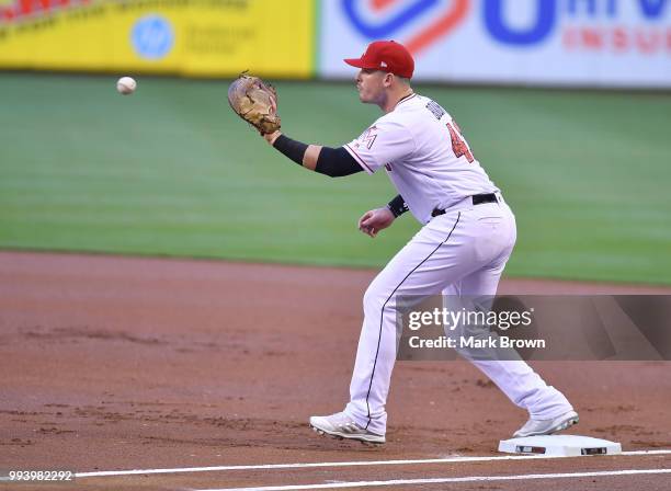 Justin Bour of the Miami Marlins in action against the Tampa Bay Rays at Marlins Park on July 2, 2018 in Miami, Florida.