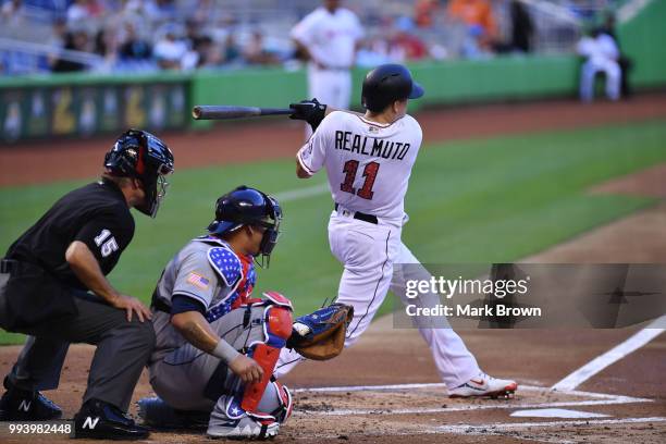 Realmuto of the Miami Marlins in action against the Tampa Bay Rays at Marlins Park on July 2, 2018 in Miami, Florida.