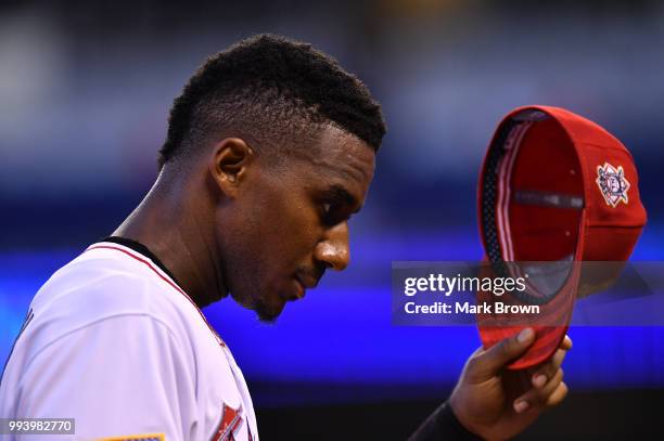 Lewis Brinson of the Miami Marlins in action against the Tampa Bay Rays at Marlins Park on July 2, 2018 in Miami, Florida.