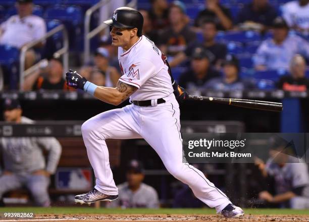Derek Dietrich of the Miami Marlins at bat against the Tampa Bay Rays at Marlins Park on July 2, 2018 in Miami, Florida.