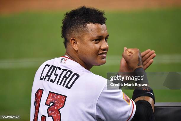 Starlin Castro of the Miami Marlins in the dugout during the game against the Tampa Bay Rays at Marlins Park on July 2, 2018 in Miami, Florida.