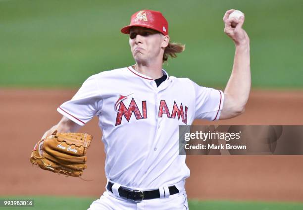 Adam Conley of the Miami Marlins throws a pitch against the Tampa Bay Rays at Marlins Park on July 2, 2018 in Miami, Florida.