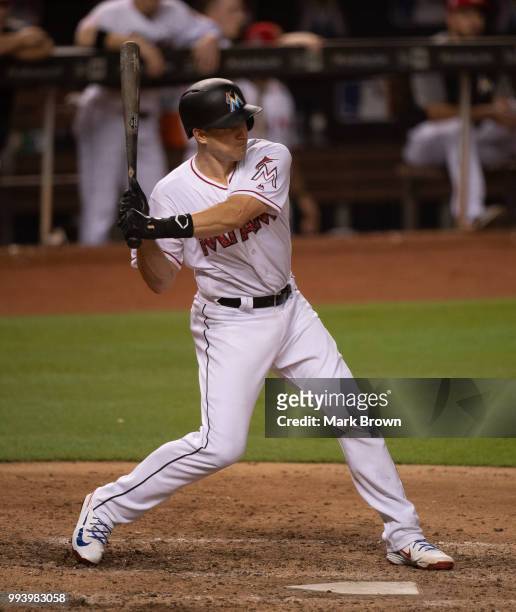 Realmuto of the Miami Marlins at bat against the Tampa Bay Rays at Marlins Park on July 2, 2018 in Miami, Florida.
