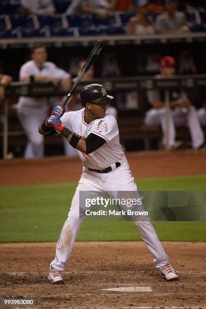 Starlin Castro of the Miami Marlins at bat against the Tampa Bay Rays at Marlins Park on July 2, 2018 in Miami, Florida.