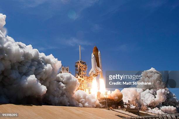 Space Shuttle Atlantis lifts off of launch pad 39-a at Kennedy Space Center for its final scheduled launch on May 14 in Cape Canaveral, Florida....