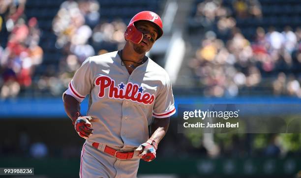 Nick Williams of the Philadelphia Phillies rounds the bases after hitting a solo home run in the fourth inning during the game against the Pittsburgh...