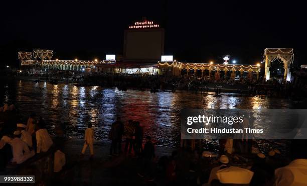 Devotees also known as warkaris on Alandi Ghat bank of Indrayani river where Gyaneshwar took his Samadhi during annual pilgrimage called the Wari...