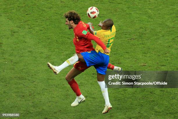 Marouane Fellaini of Belgium battles with Fernandinho of Brazil during the 2018 FIFA World Cup Russia Quarter Final match between Brazil and Belgium...