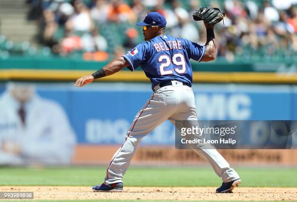 Adrian Beltre of the Texas Rangers reacts to a foul ball during the fifth inning of the game against the Detroit Tigers at Comerica Park on July 8,...
