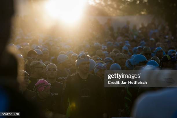 Athletes compete during the swim leg at the Mainova IRONMAN European Championship on July 8, 2018 in Frankfurt am Main, Germany.