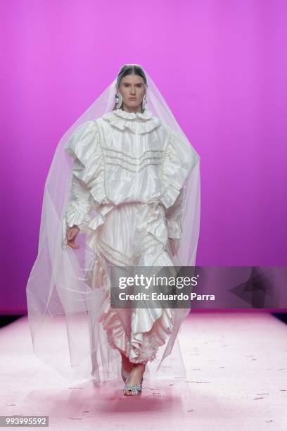 Model walks the runaway at the Maria Escote catwalk during the Mercedes Benz Fashion Week Spring/Summer 2019 at IFEMA on July 8, 2018 in Madrid,...