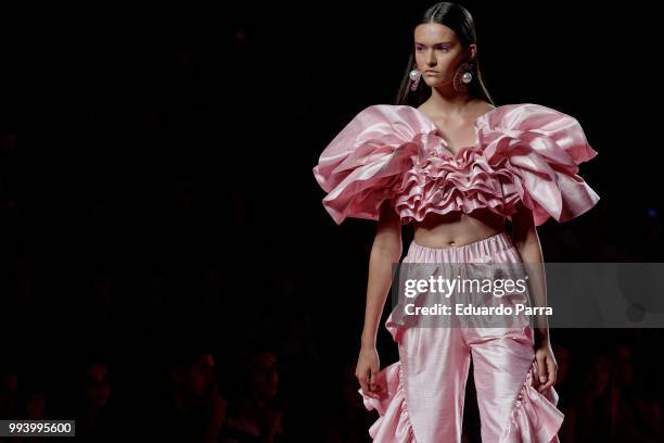 Model walks the runaway at the Maria Escote catwalk during the Mercedes Benz Fashion Week Spring/Summer 2019 at IFEMA on July 8, 2018 in Madrid,...