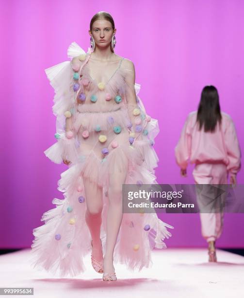 Models walk the runaway at the Maria Escote catwalk during the Mercedes Benz Fashion Week Spring/Summer 2019 at IFEMA on July 8, 2018 in Madrid,...