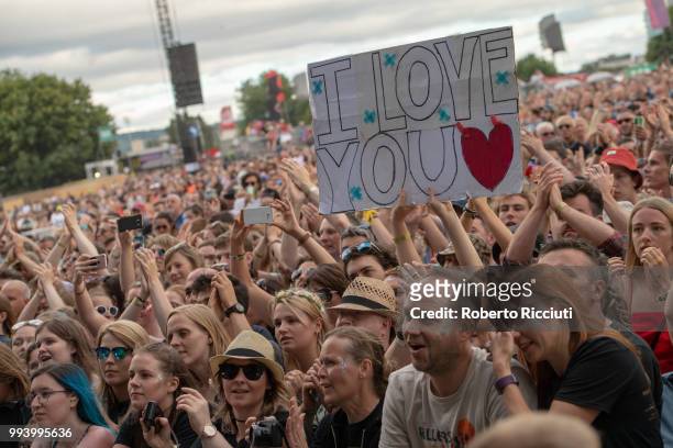 Festival-goers enjoy CHVRCHESÕs concert on the fifth day of the TRNSMT music Festival at Glasgow Green on July 8, 2018 in Glasgow, Scotland.
