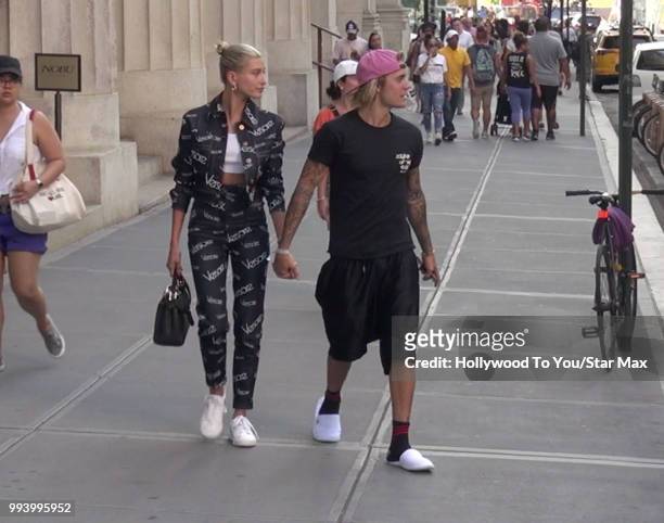 Justin Bieber and Hailey Baldwin are seen on July 5, 2018 in New York City.