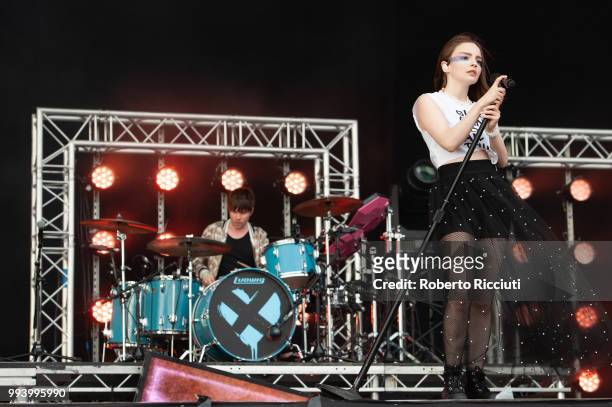 Jonny Scott and Lauren Mayberry of CHVRCHES perform on stage during TRNSMT Festival Day 5 at Glasgow Green on July 8, 2018 in Glasgow, Scotland.