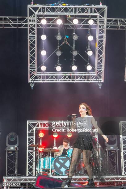 Jonny Scott and Lauren Mayberry of CHVRCHES perform on stage during TRNSMT Festival Day 5 at Glasgow Green on July 8, 2018 in Glasgow, Scotland.