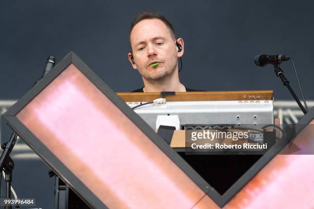 Iain Cook of CHVRCHES performs on stage during TRNSMT Festival Day 5 at Glasgow Green on July 8, 2018 in Glasgow, Scotland.