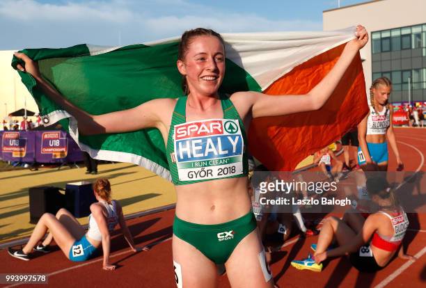 Sarah Healy of Ireland celebrates after she won 1500m run final during European Atletics U18 European Championship on July 8, 2018 in Gyor, Hungary.