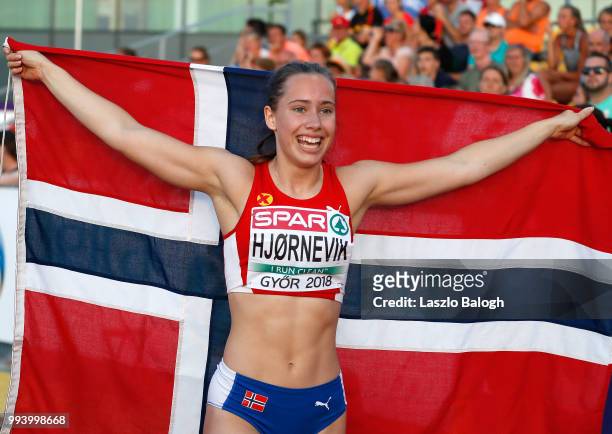 Martine Hjornevik of Norway celebrates her victory at the 100m Hurdles during European Athletics U18 European Championship July 8, 2018 in Gyor,...