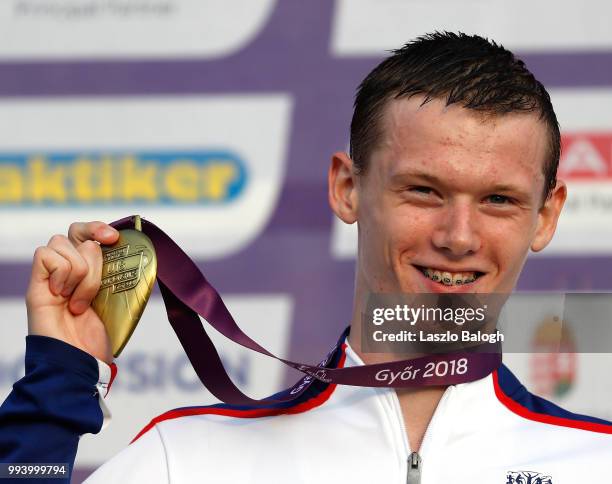 SMax Burgin of Great Britain celebrates his victory at the 800m run during European Athletics U18 European Championship July 8, 2018 in Gyor, Hungary.