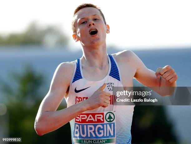 SMax Burgin of Great Britain celebrates his victory at the 800m run during European Athletics U18 European Championship July 8, 2018 in Gyor, Hungary.