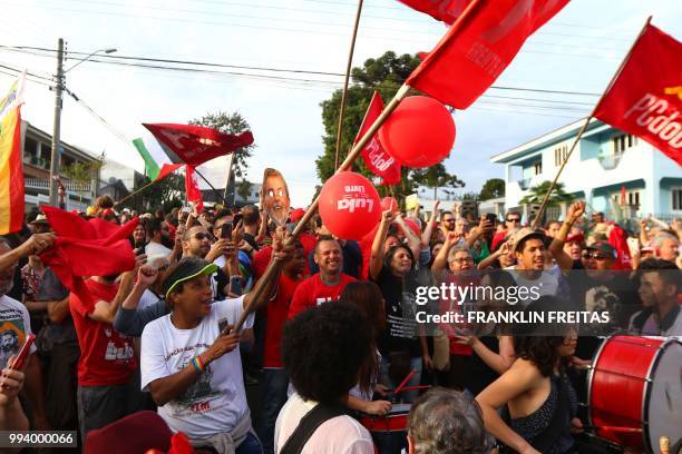 Supporters of Brazilian former president Luiz Inacio Lula da Silva demonstrate outside the Federal Police where he is detainee in Curitiba, Parana...