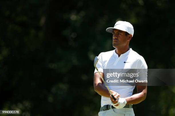 Tony Finau hits his second shot on the first hole during the final round of A Military Tribute At The Greenbrier held at the Old White TPC course on...