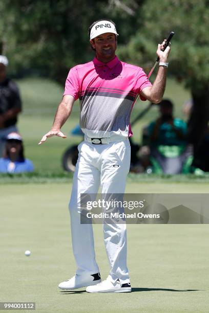 Bubba Watson reacts after a missed putt on the first hole during the final round of A Military Tribute At The Greenbrier held at the Old White TPC...