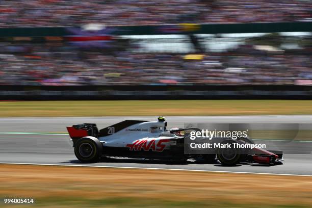 Kevin Magnussen of Denmark driving the Haas F1 Team VF-18 Ferrari on track during the Formula One Grand Prix of Great Britain at Silverstone on July...