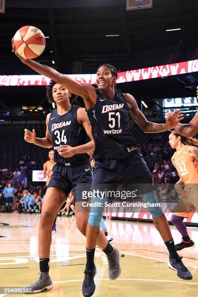 Jessica Breland of the Atlanta Dream grabs the rebound against the Phoenix Mercury on July 8, 2018 at McCamish Pavilion in Atlanta, Georgia. NOTE TO...