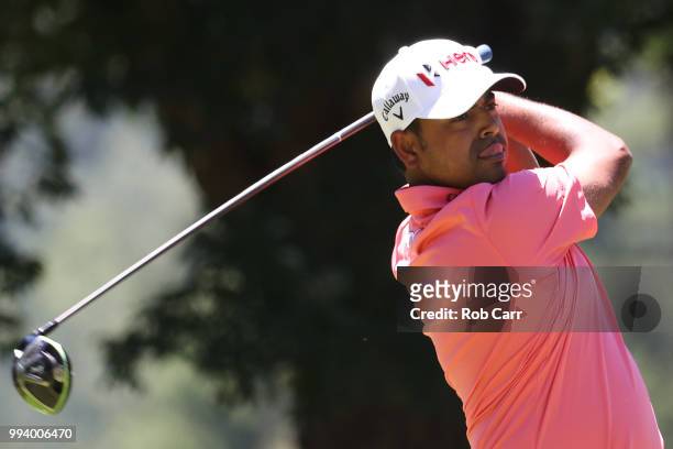 Anirban Lahiri of India tees off on the second hole during the final round of A Military Tribute At The Greenbrier held at the Old White TPC course...