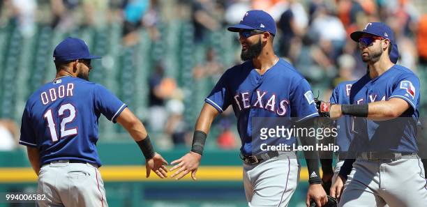 Rougned Odor and Nomar Mazara of the Texas Rangers celebrate a win over the Detroit Tigers at Comerica Park on July 8, 2018 in Detroit, Michigan....