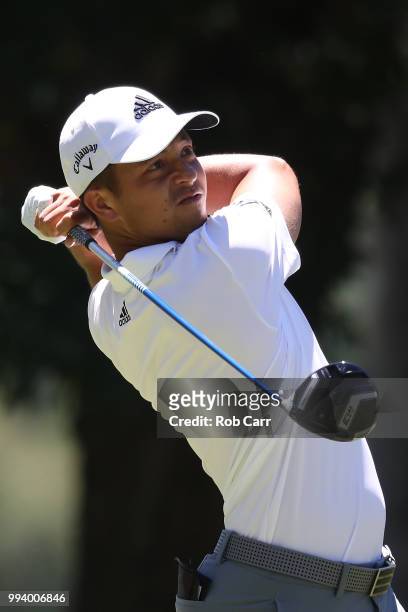 Xander Schauffele tees off the second hole during the final round of A Military Tribute At The Greenbrier held at the Old White TPC course on July 8,...