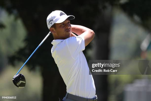 Xander Schauffele tees off the second hole during the final round of A Military Tribute At The Greenbrier held at the Old White TPC course on July 8,...