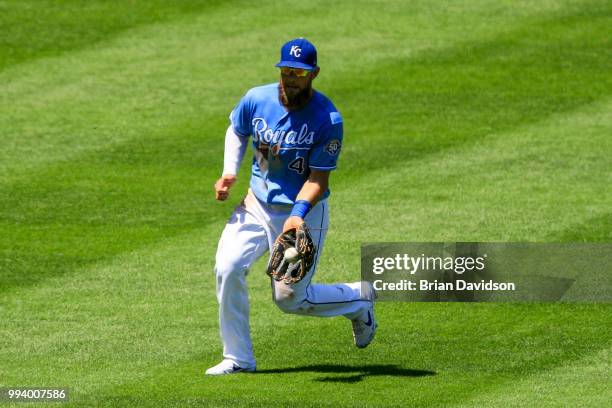 Alex Gordon of the Kansas City Royals makes a play during the fifth inning against the Boston Red Sox at Kauffman Stadium on July 8, 2018 in Kansas...