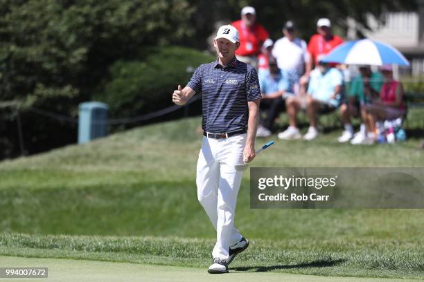 Brandt Snedeker reacts after finishing the final round on the 18th hole during the final round of A Military Tribute At The Greenbrier held at the...