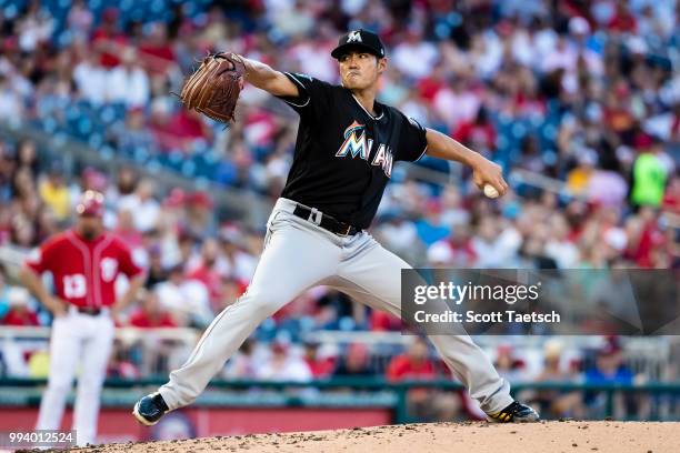 Wei-Yin Chen of the Miami Marlins pitches against the Washington Nationals during the third inning at Nationals Park on July 07, 2018 in Washington,...