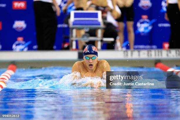 Khadin Soto competes in the men's 100m breaststroke prelims at the 2018 TYR Pro Series on July 8, 2018 in Columbus, Ohio.