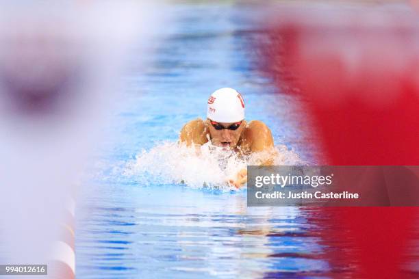 Ian Finnerty competes in the men's 100m breaststroke prelims at the 2018 TYR Pro Series on July 8, 2018 in Columbus, Ohio.