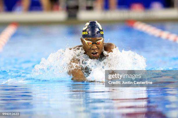 Reece Whitley competes in the men's 100m breaststroke prelims at the 2018 TYR Pro Series on July 8, 2018 in Columbus, Ohio.