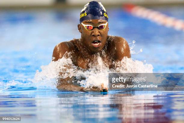 Reece Whitley competes in the men's 100m breaststroke prelims at the 2018 TYR Pro Series on July 8, 2018 in Columbus, Ohio.