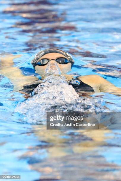 Hannah Whiteley competes in the women's 100m backstroke prelims at the 2018 TYR Pro Series on July 8, 2018 in Columbus, Ohio.