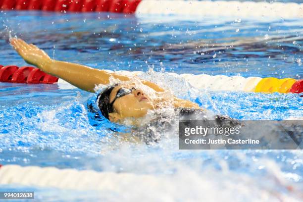 Emi Moronuki competes in the women's 100m backstroke prelims at the 2018 TYR Pro Series on July 8, 2018 in Columbus, Ohio.