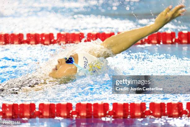 Ali Deloof competes in the women's 100m backstroke prelims at the 2018 TYR Pro Series on July 8, 2018 in Columbus, Ohio.